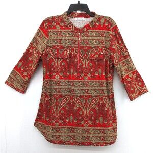 Ninedaily Shirt Women Size XL Red Floral Paisley 3/4 Roll Tab Sleeves Casual Top